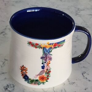 Nathalie Lete for Anthropologie Floral Monogram J Mug Bunny Easter Blue White